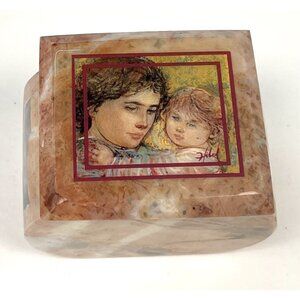 VTG Edna Hibel Mother & Child Pink Marble Lidded TRINKET BOX Art 2.75" EUC